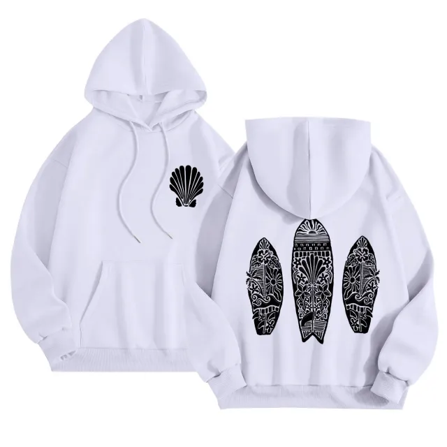 Simple Floral Letter Printing Drop shoulder Sleeve Ladies Hoodie White - Shop at LoveMi