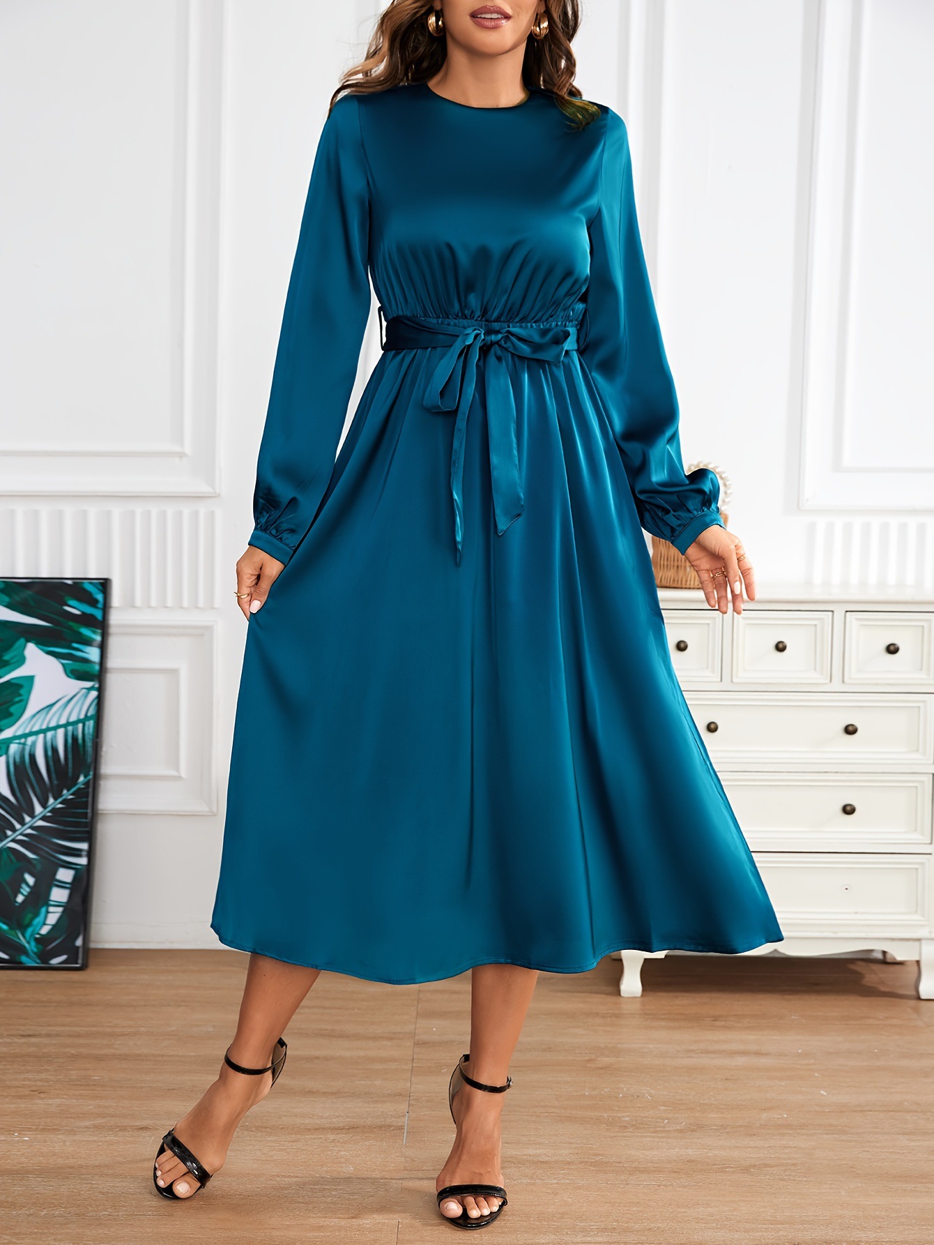 Satin Crew Neck Elegant Long Sleeve Tie Waist A-line Dress
