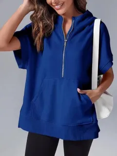 Women's Three-point Short-sleeved Hooded Sweater - Navy Blue - View 1