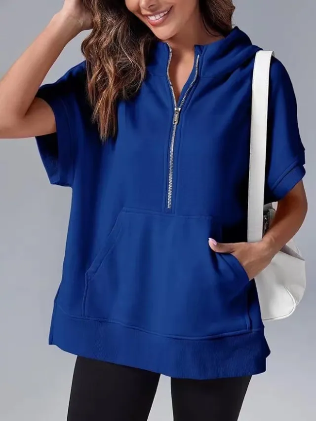 Women's Three point Short sleeved Hooded Sweater Navy Blue - Shop at LoveMi