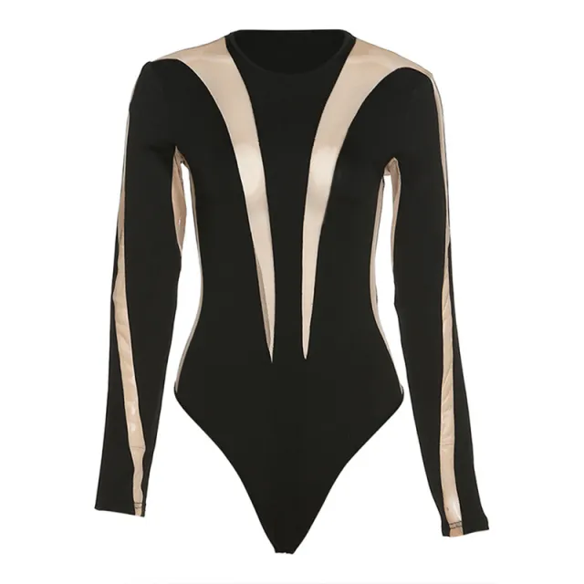 Women's Clothes New Mesh See through Color Contrast Patchwork Tight Long Sleeve Jumpsuit Black - Shop at LoveMi