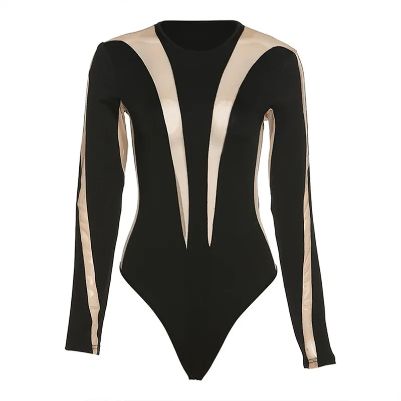 Women's Clothes New Mesh See-through Colour Contrast Patchwork Tight Long Sleeve Jumpsuit - Black