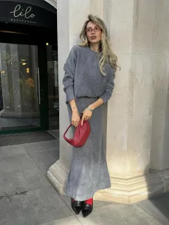 Elegant Soft Thickened Round Neck Sweater Fishtail Skirt Two-piece Set - Dark Grey - View 1
