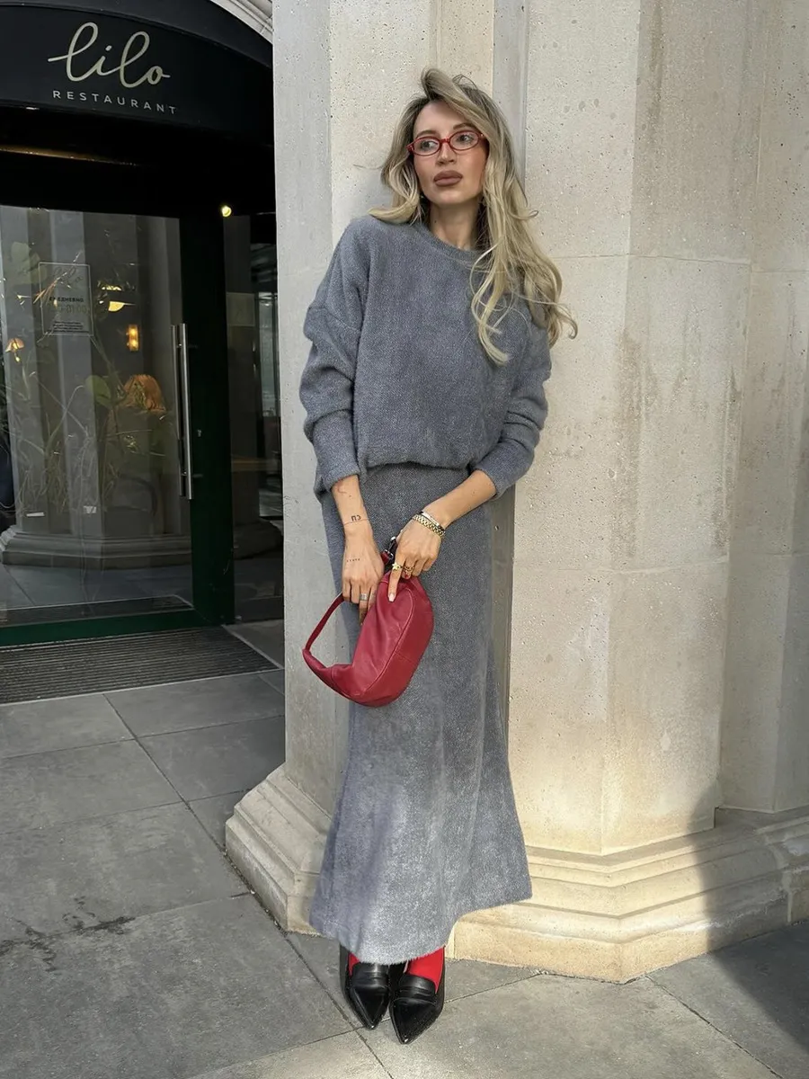 Elegant Soft Thickened Round Neck Sweater Fishtail Skirt Two-piece Set - Dark Gray