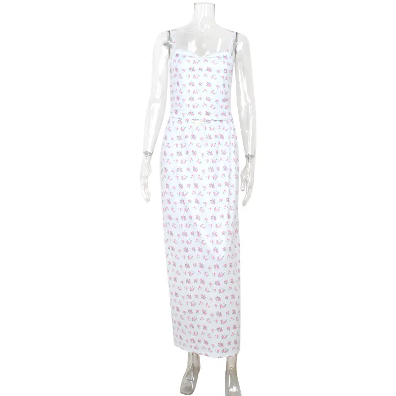 Floral Strap Tube Coat Skirt Suit - Light Blue