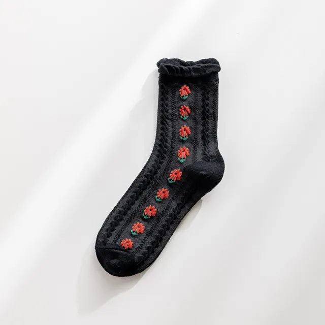 Women's Socks Autumn And Winter Jk Tube Socks Wooden Ear Japanese Cute Flowers Sweet Girl Lolita Purified Cotton Stockings Black - Shop at LoveMi