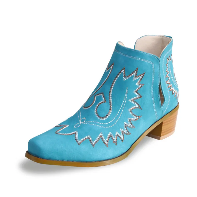 New Pointed Embroidered Chunky Heel Women's Pointed-toe Short Tube Boots - Blue