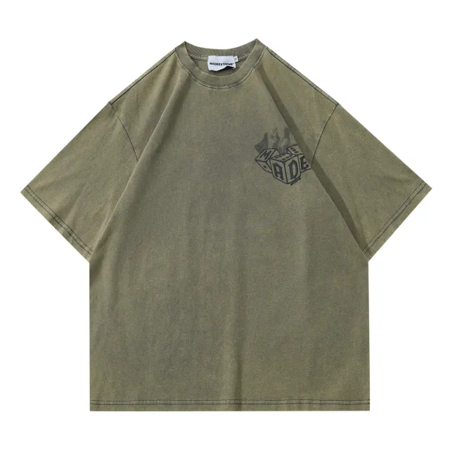 Street Retro Men's Flame Dice Printed Washed Distressed T shirt Brown - Shop at LoveMi
