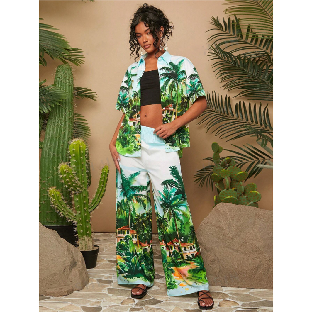 Holiday Floral Print Loose Shirt And Wide Leg Pants