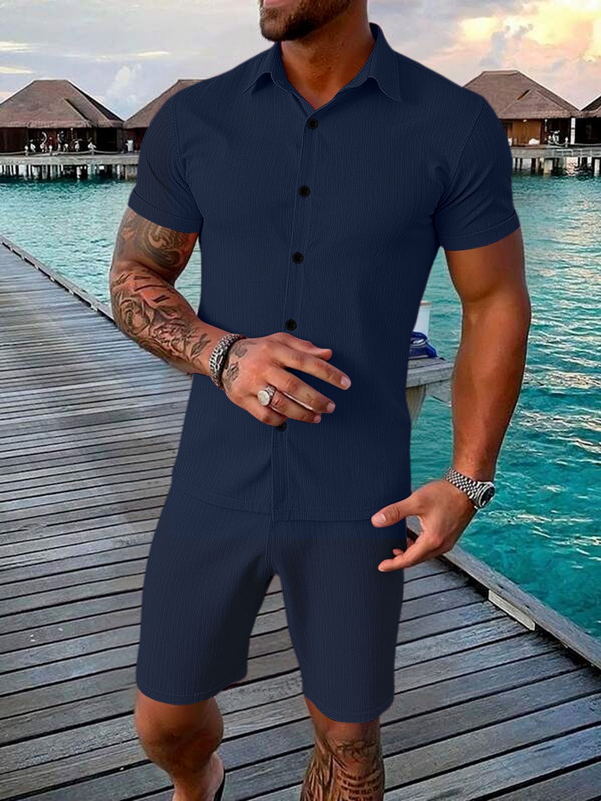 Men's Casual Button-up Short-sleeve Top And Shorts Two-piece Set - Image 12