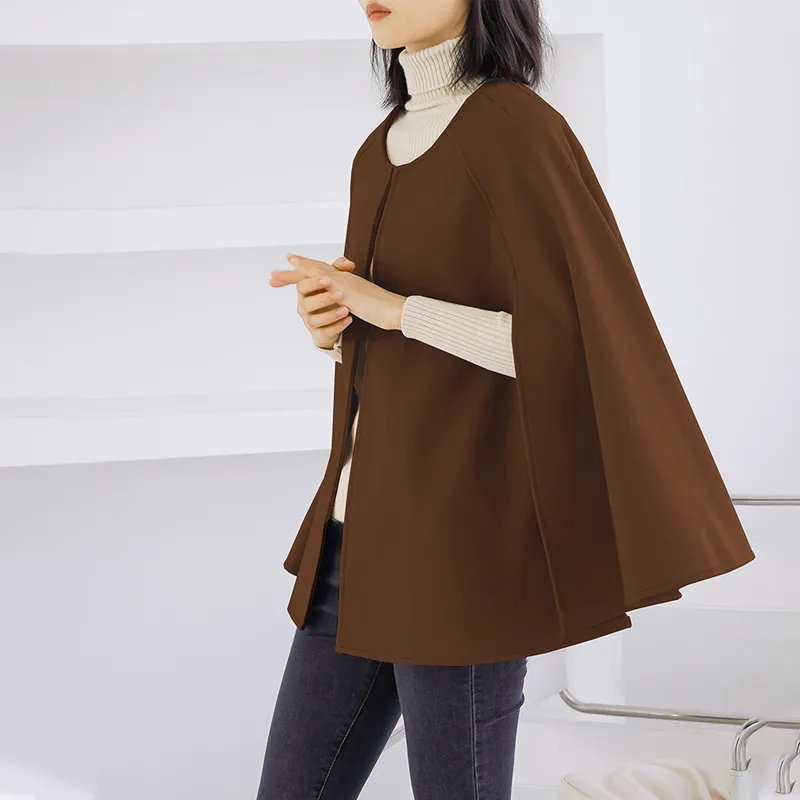Autumn And Winter Woolen Overcoat Women's Autumn All-matching Outer Wear Shawl - Dark Brown