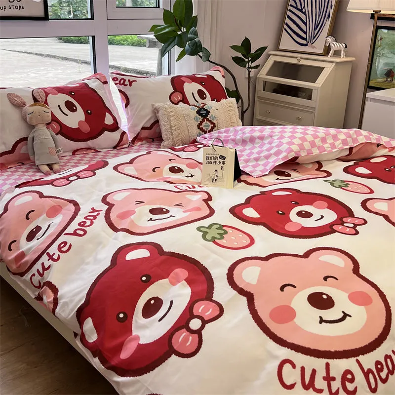 Washed Cotton Bed Sheet Quilt Cover Four-piece Set - Strawberry Baby K