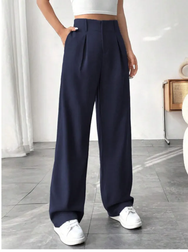 Autumn And Winter High Waist All matching Wide Leg Leisure Suit Pants For Women Navy Blue - Shop at LoveMi
