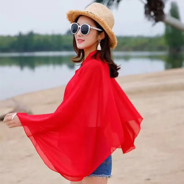 Solid Color Ventilation Shawl Button Chiffon Sunscreen Women's Fashion Red - Shop at LoveMi