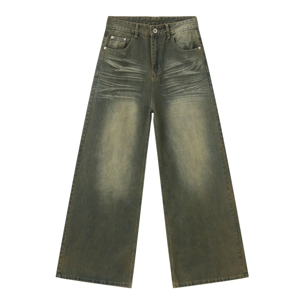 American Retro Cyan Washed Jeans With Whiskers Men - Cyan