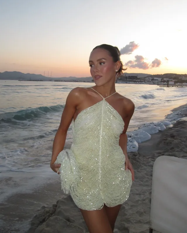 Sequin Tassel Halter Party Dress For Women Ivory White - Shop at LoveMi