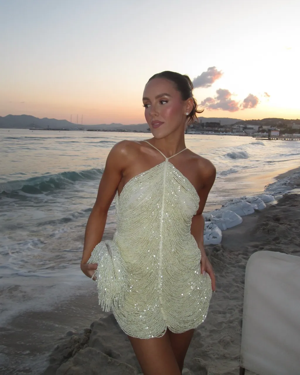 Sequin Tassel Halter Party Dress For Women - White