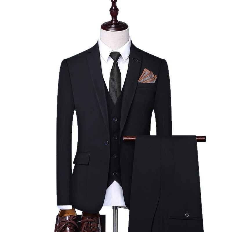 Mens Groom Wedding Suit Solid-Color Three-Piece Suit