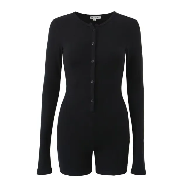 Round Neck Long Sleeve Multi button Stretch Slim Fit Jumpsuit Sports Shorts Black - Shop at LoveMi