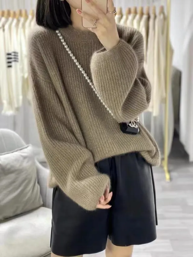 Round Neck Lantern Sleeve Knitted Sweater Lazy Style Camel - Shop at LoveMi