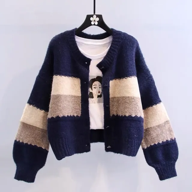 Short Spring And Autumn Knitted Retro College Style Round Neck Sweater Navy Blue - Shop at LoveMi