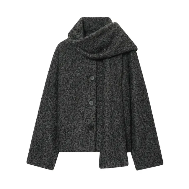 Women's Short Woolen Coat Matching Scarf Gray - Shop at LoveMi