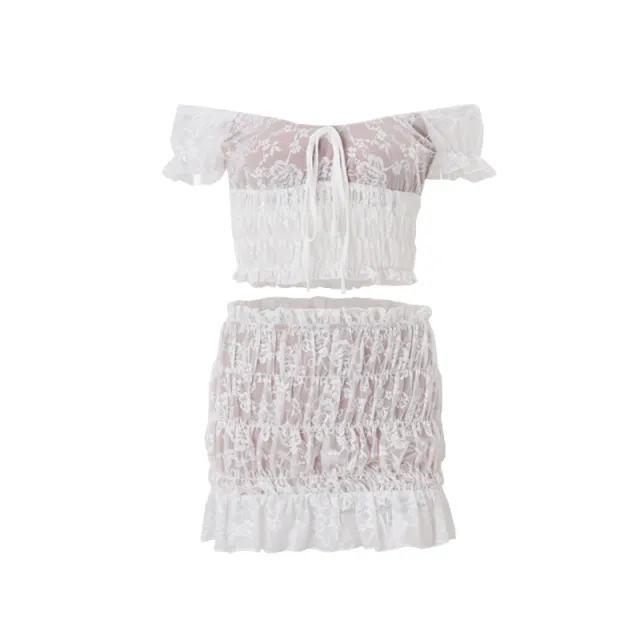 French Cropped Lace Top Temperament Sheath Skirt Outfit White - Shop at LoveMi