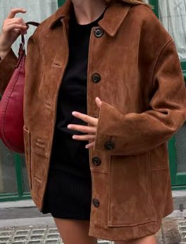 Retro Brown Lapel Long Sleeve Button Coat