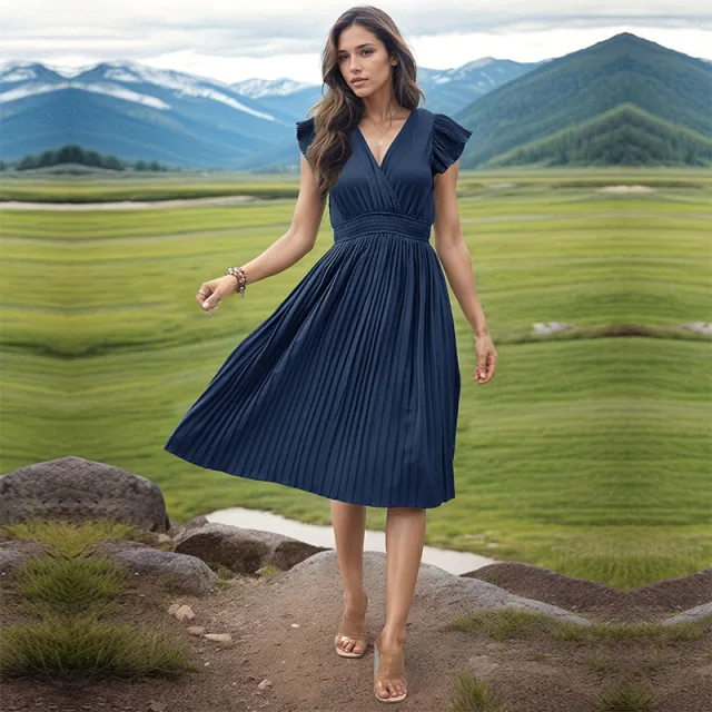Simple Elegant V neck High Waist Pleated Dress Dark Blue - Shop at LoveMi