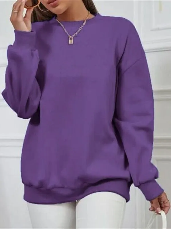 Fleece lined Thick Round Neck Loose fitting Solid Color Long Sleeves Sweater Deep Purple - Shop at LoveMi