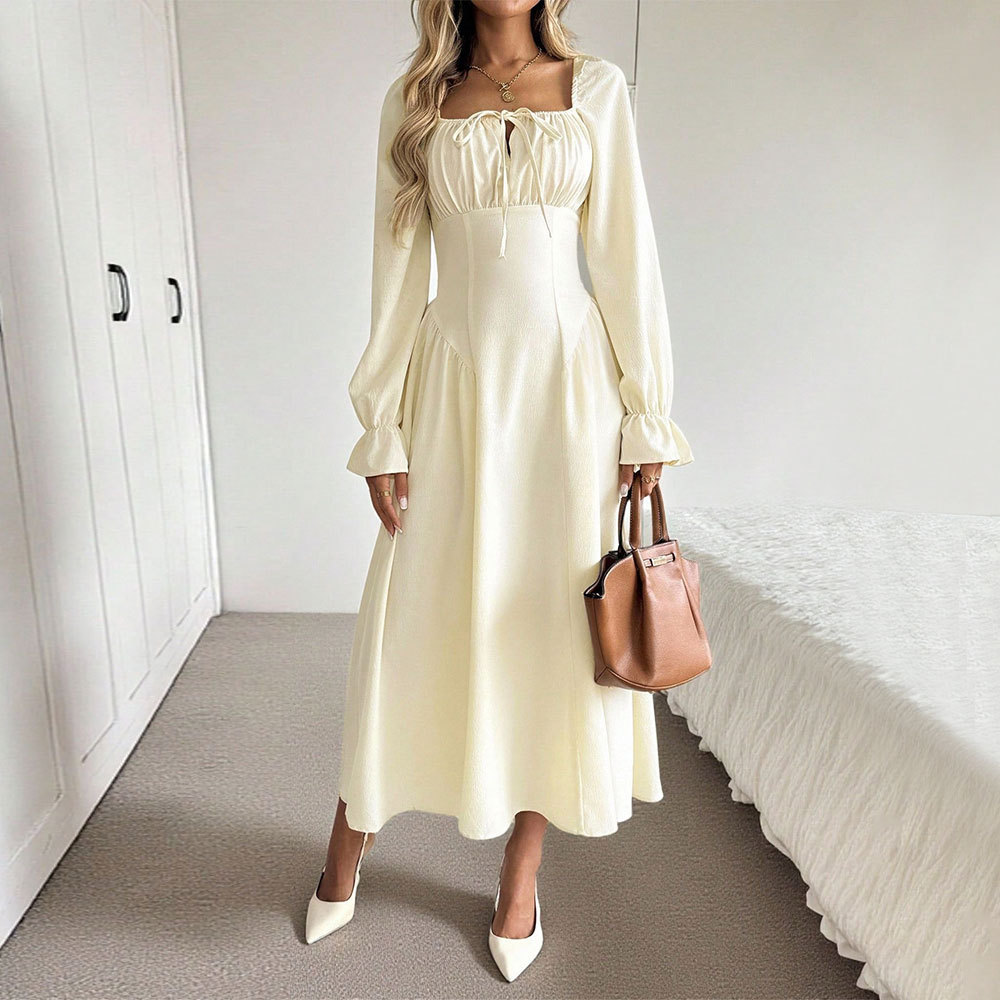 Gentle-style Square-neck Lace-up Long-sleeve Dress For Women