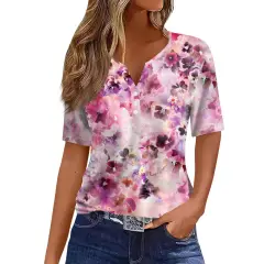 Women's Striped Gradient Flower Print Three-button V-neck Short Sleeve - Jyq47101516-3Xl - View 1