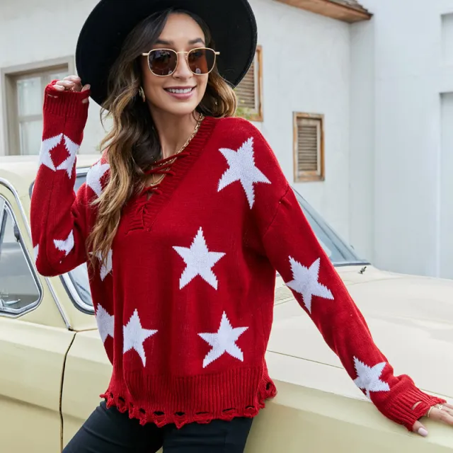 Women's Loose Drawstring Casual Five star Brocade Sweater Red - Shop at LoveMi