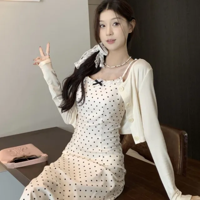 Korean style Polka Dot Slip Dress With Bow Detail Long Skirt Suit L - Shop at LoveMi
