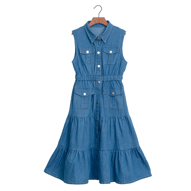 Denim Blouse Collar Vest Dress - Image 4