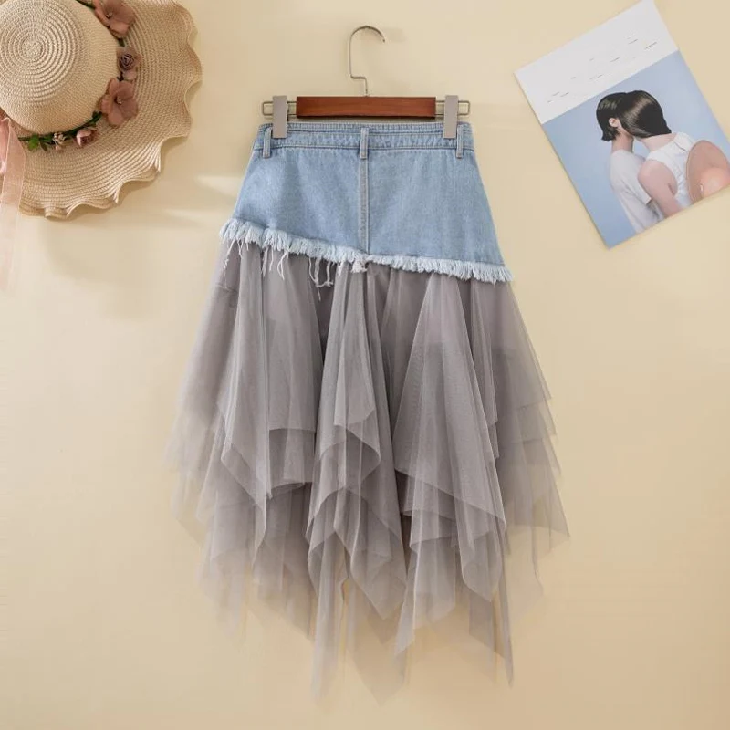 Title 9, Hoge taille denim rok met mesh stiksels en wass...