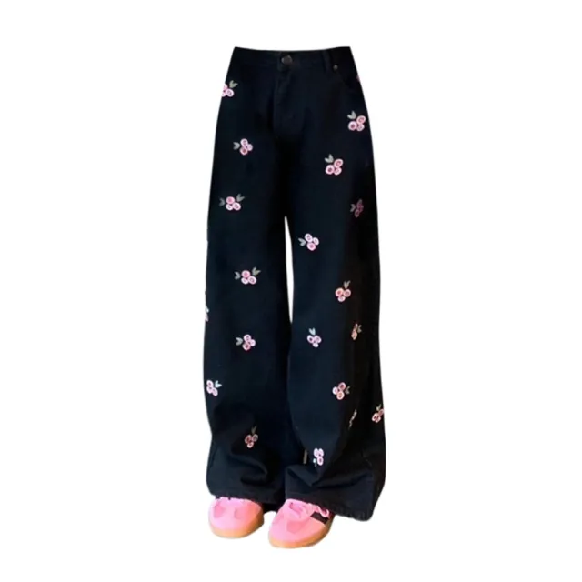 Women's American style Cherry Embroidered Jeans Black - Shop at LoveMi