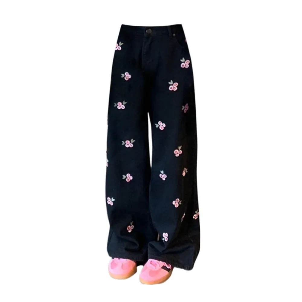 Women's American-style Cherry Embroidered Jeans - Black