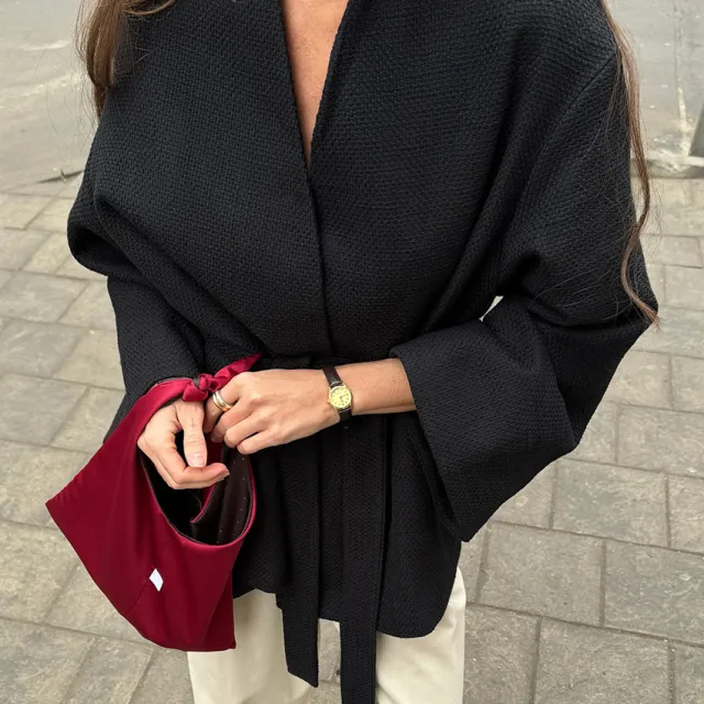 Women's V neck Lace up Chanel style Long sleeve Jacket Black - Shop at LoveMi