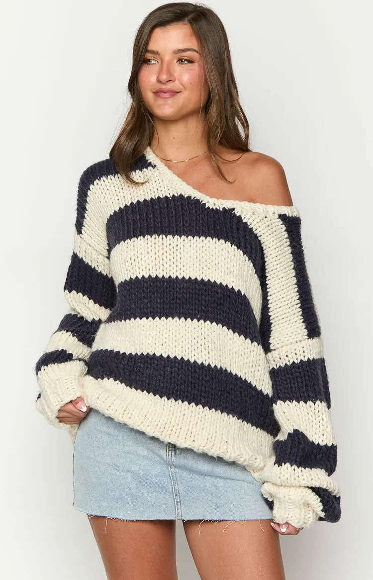 Fall Winter Fashion Casual Loose Knitted Sweater Oblique Shoulder - Black