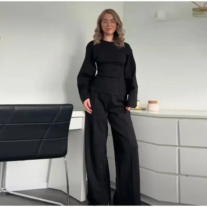 Fashion Long Sleeve O-neck Pleated Top Wide Leg Pants Women's Suit - Black Suit