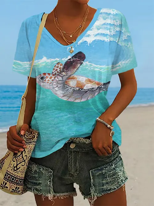 Women's Turtle Print Casual V neck Short Sleeve Pattern 4 - Shop at LoveMi