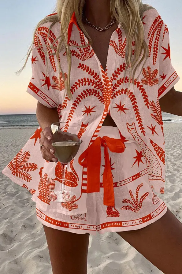 Women's Fashion Printed Casual Vacation Style Cardigan Shorts Suit Color06 M - Shop at LoveMi