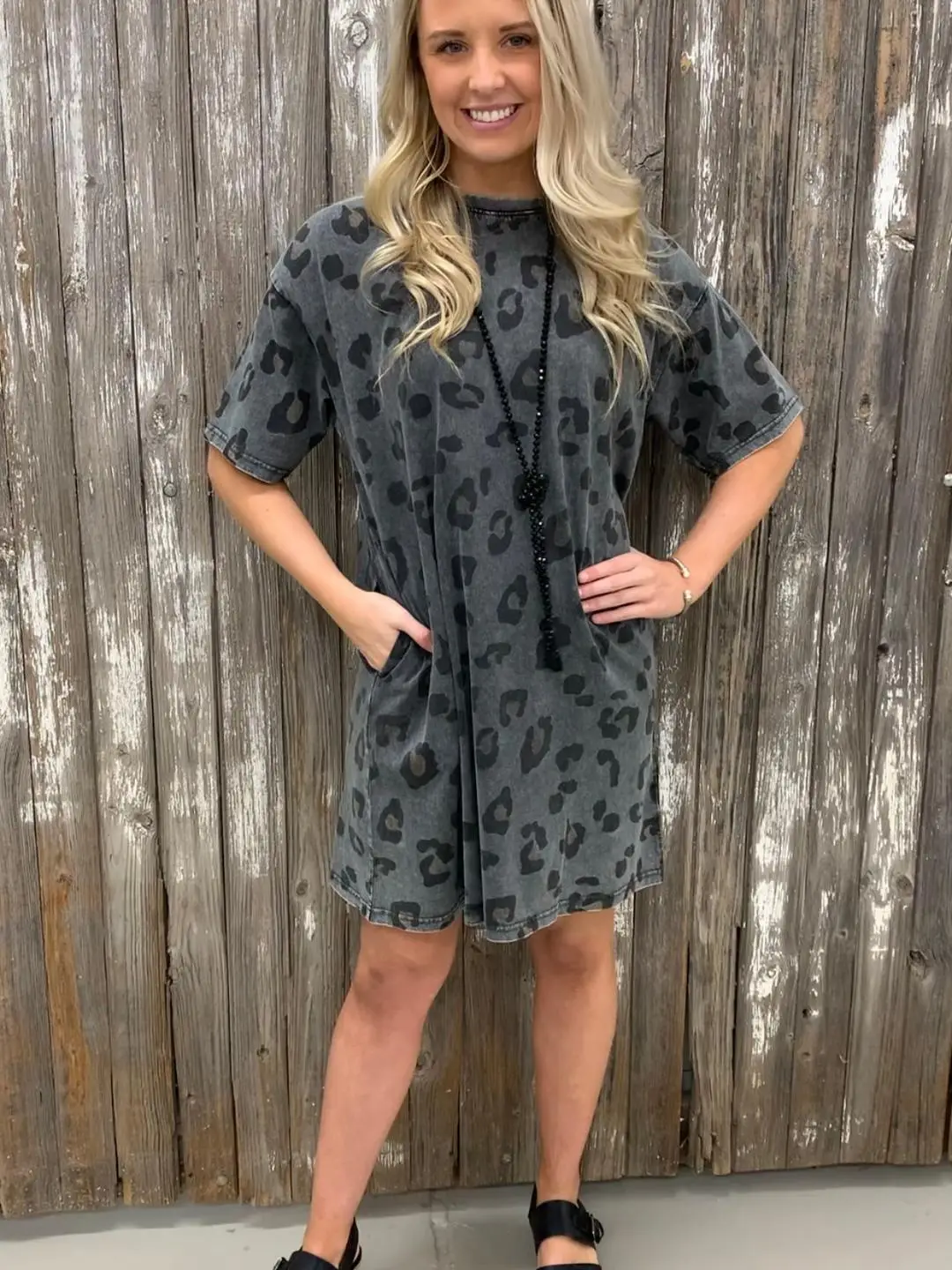 European And American New Sheath Skirt Leopard Print Round Neck Loose Dress