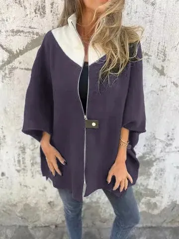 Autumn And Winter Leisure Loose Zip Stand up Collar Jacket Purple - Shop at LoveMi