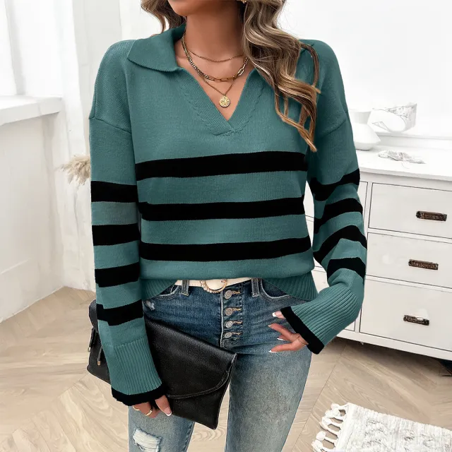 Women's Loose Striped Contrast Color Lapels Sweater Green - Shop at LoveMi