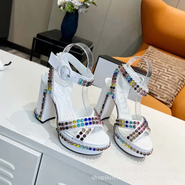Chunky Heel Platform High Heel Roman Authentic Leather Rhinestones Open Toe Buckle Sandals White - Shop at LoveMi