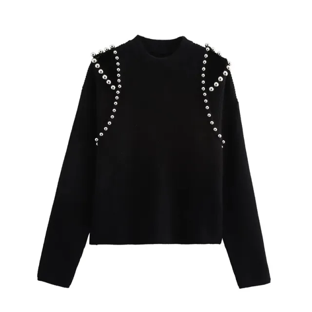 Women's Round Neck Long Sleeve Beaded Ball Decoration Sweater Black - Shop at LoveMi