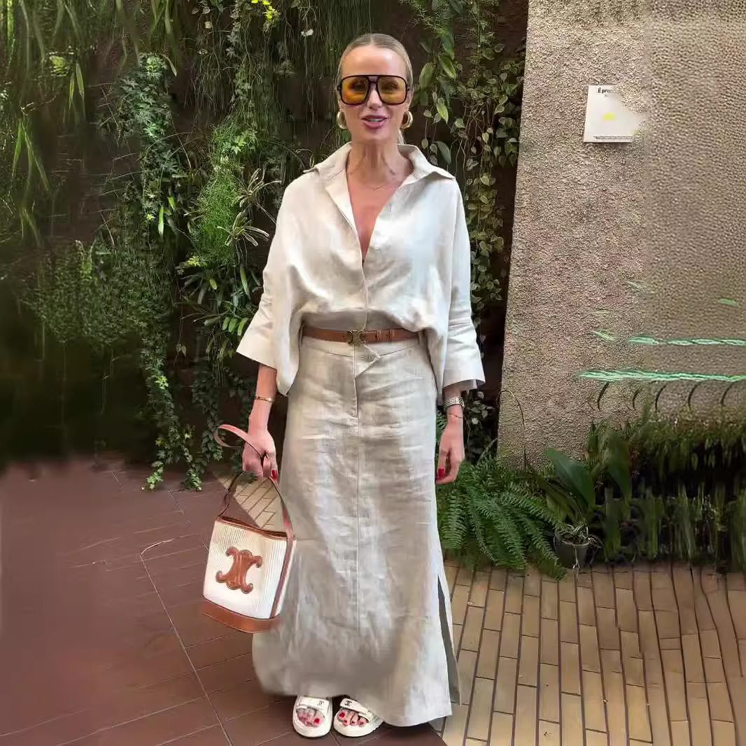 Casual Polo Collar Loose Top Maxi Skirt Suit