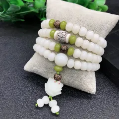 White Jade Bodhi Root Bracelet 108 Bracelet - 6X8 Red Dot Lotus - View 1